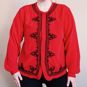 Vintage Yves St. Clair 90s Embroidered Black Red Button Up Blouse Long Sleeve